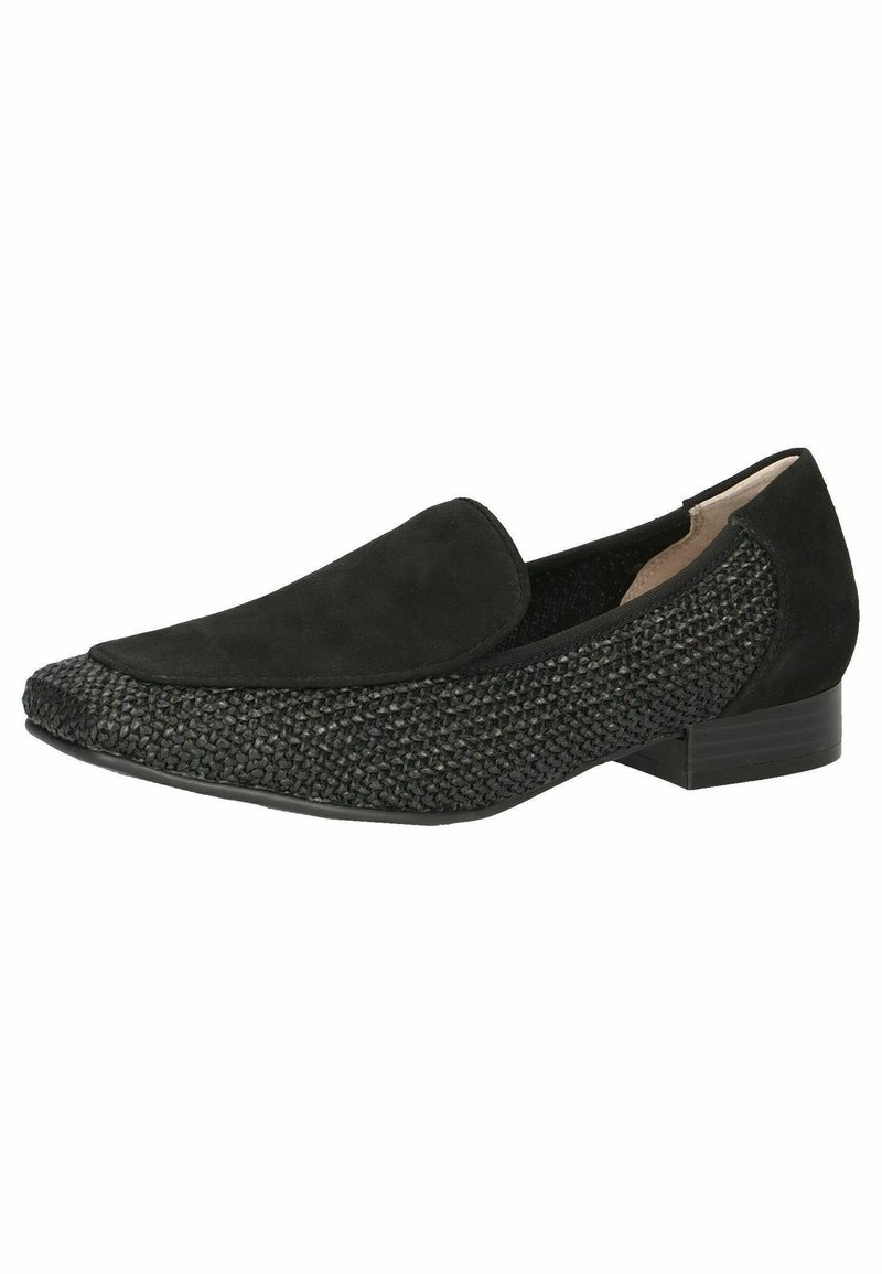 Zapato negro sin cordones con una parte superior de suave ante y un frente tejido texturizado, que presenta un tacón bajo y un diseño de punta redondeada.