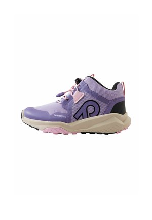 Purple and pink children's hiking sneaker with mesh upper, adjustable toggle laces, thick beige sole, and black logo on side.