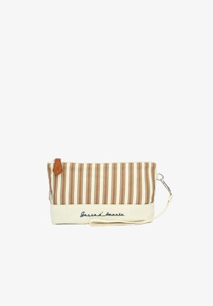 Rectangular beige and brown striped fabric wristlet pouch with zipper, leather zipper pull, and cursive text embroidered on front.