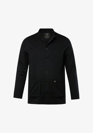 Marineblaue Baumwolljacke mit Kragen, Knopfverschluss und einer Brusttasche. Verfügt über zwei vordere Taschen und ein dezentes Logodetail.