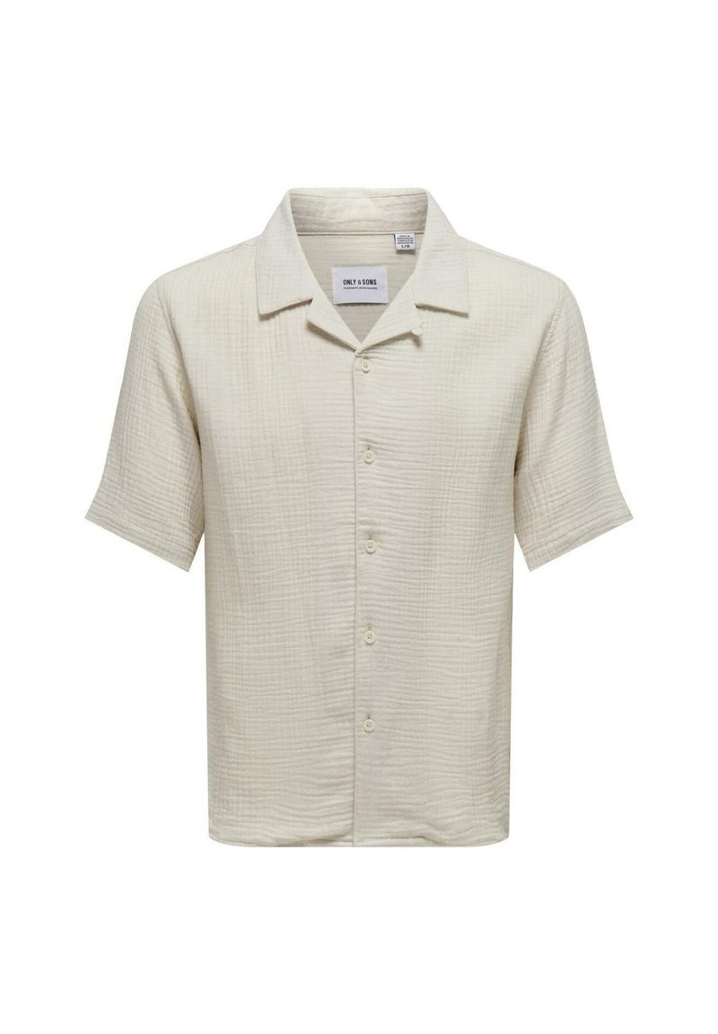 Short-sleeved shirt in light beige, featuring a textured fabric with a button closure and a classic collar. Label visible inside the collar.