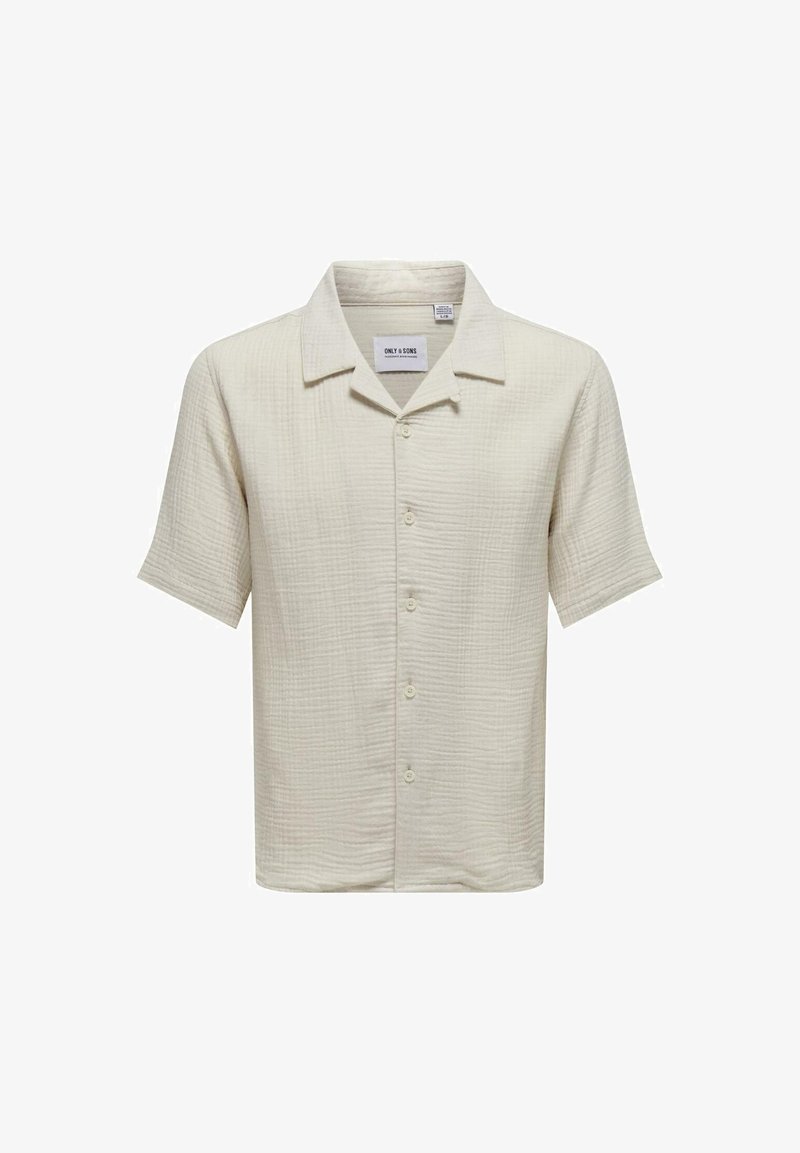 Short-sleeved shirt in light beige, featuring a textured fabric with a button closure and a classic collar. Label visible inside the collar.