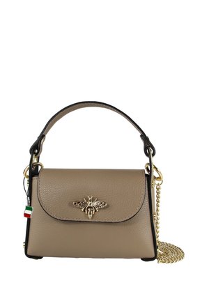 Small taupe leather handbag with top handle, gold bee emblem on flap, and detachable gold chain strap with Italian flag charm.