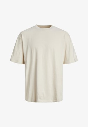 Crewnyakos pamut póló törtfehér színben, rövid ujjal, laza szabással és sima, könnyű textúrával.