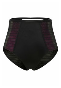 Culotte haute noire avec des panneaux latéraux en maille rayée violet foncé et gris, dotée d'une texture lisse et d'une taille élastique.