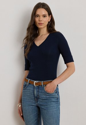STRETCH COTTON ELBOW SLEEVE V NECK TEE - Lihtne T-särk - navy