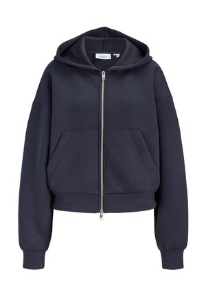 Sweat à capuche bleu marine zippé avec une poche avant, manches longues et capuche, présenté sur fond blanc.