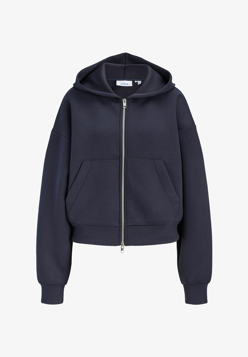Sweat à capuche bleu marine zippé avec une poche avant, manches longues et capuche, présenté sur fond blanc.