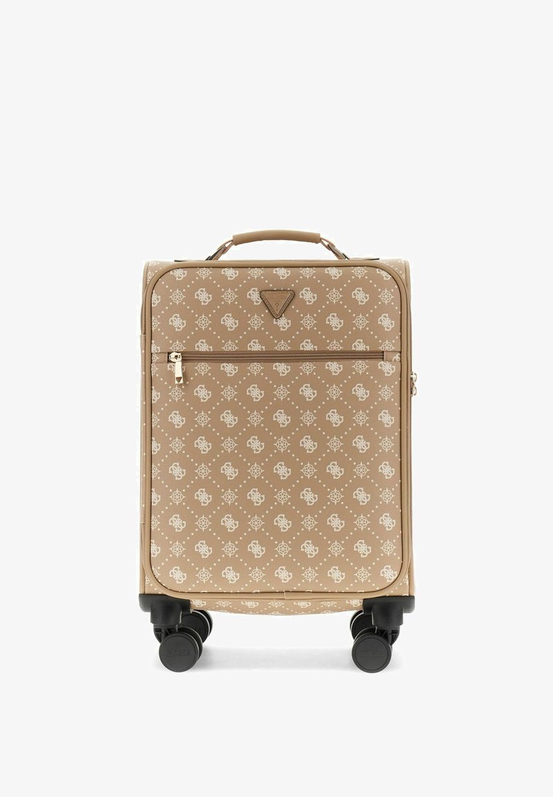 Valise beige en coque souple avec motif de logo blanc, poche avant zippée, poignée supérieure et quatre roues noires pivotantes.