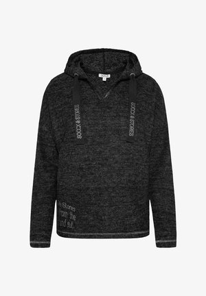 Haut à capuche noir avec col en V, réalisé dans un tissu texturé, à manches longues, et cordons de serrage noirs contrastants avec des accents de logo. Détail brodé au niveau de l'ourlet.