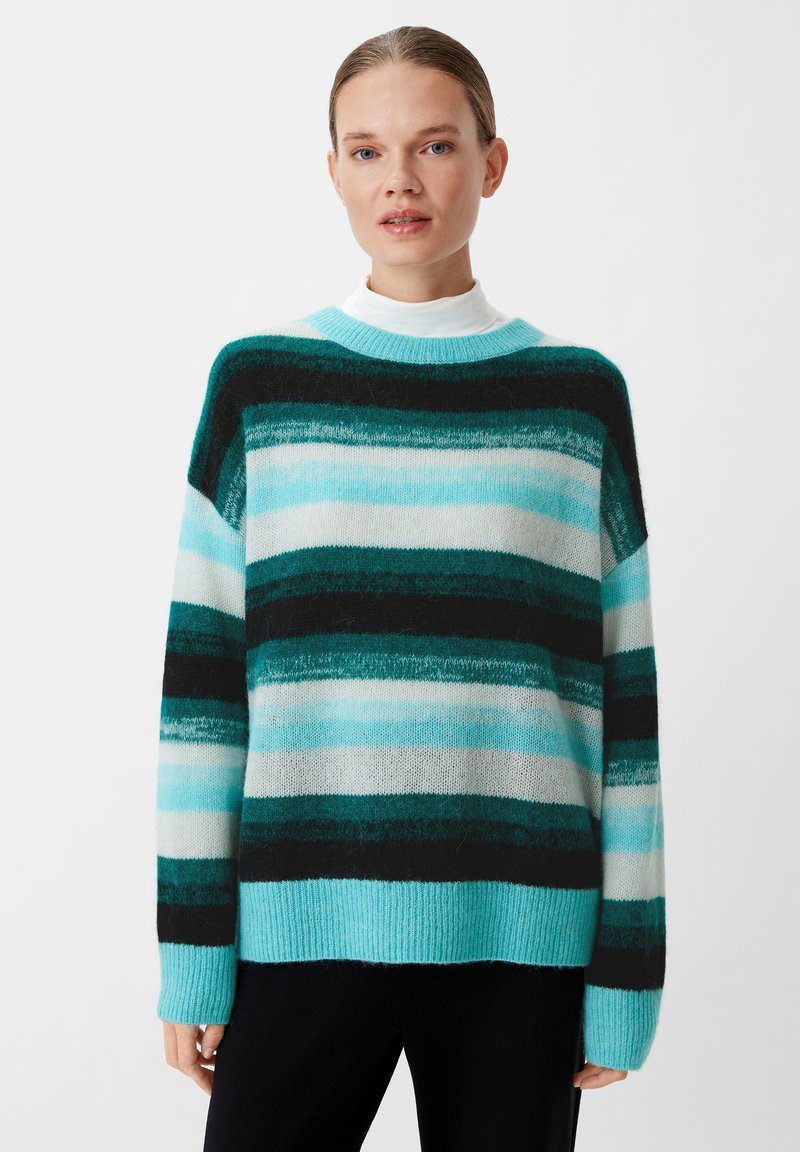 Striped sweater in teal, black, and white; soft knit material with a relaxed fit, ribbed cuffs, and neck; features wide horizontal stripes.