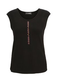 Schwarzes ärmelloses Oberteil aus weichem Stoff mit einer vertikalen Reihe bunter Strasssteine in der Mitte. Abgerundeter Ausschnitt und lockere Passform.