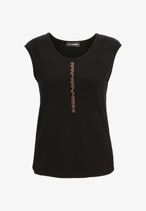 Schwarzes ärmelloses Oberteil aus weichem Stoff mit einer vertikalen Reihe bunter Strasssteine in der Mitte. Abgerundeter Ausschnitt und lockere Passform.