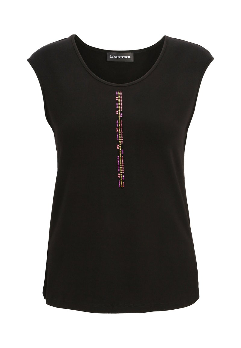 Schwarzes ärmelloses Oberteil aus weichem Stoff mit einer vertikalen Reihe bunter Strasssteine in der Mitte. Abgerundeter Ausschnitt und lockere Passform.
