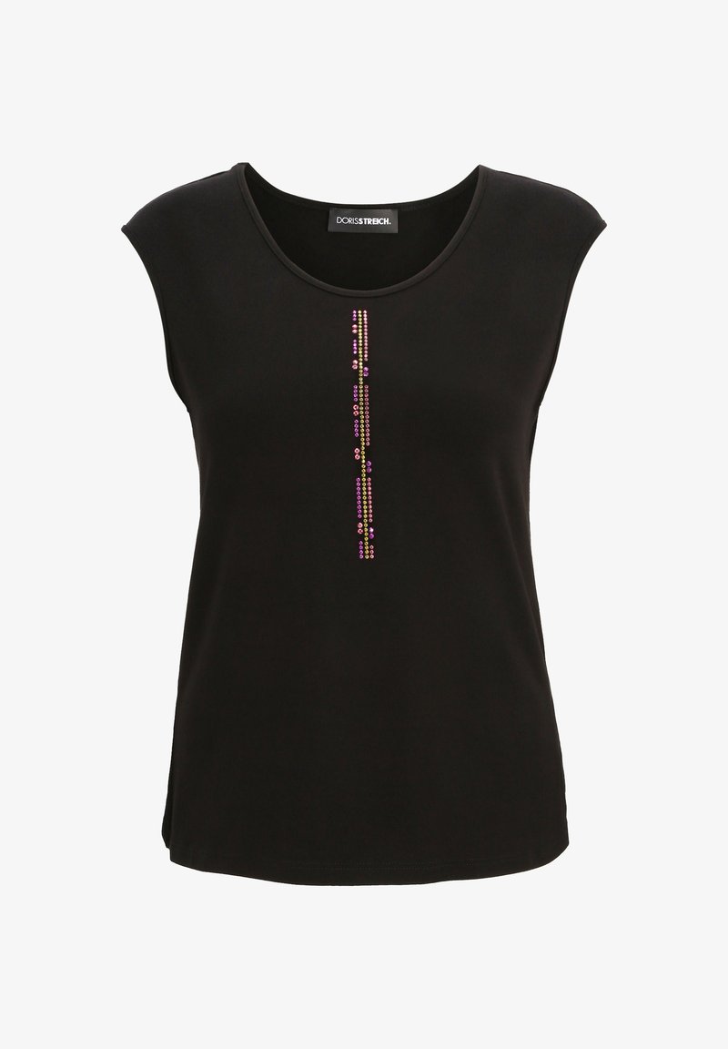 Schwarzes ärmelloses Oberteil aus weichem Stoff mit einer vertikalen Reihe bunter Strasssteine in der Mitte. Abgerundeter Ausschnitt und lockere Passform.