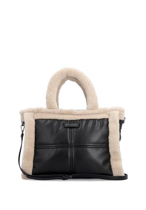 Black leather tote bag with beige shearling trim and handles, featuring a small front logo and a detachable shoulder strap.