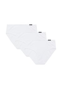 Zestaw trzech białych bawełnianych majtek o gładkiej strukturze, z wysokim pasem i czarną metką z logo po boku, charakteryzujących się klasycznym krojem.
