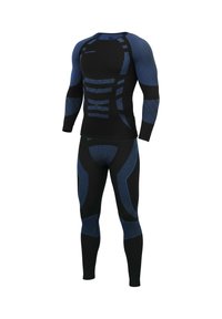 Long-sleeve athletic top and leggings in black with blue accent stripes and textured patterns, made from stretchy performance fabric.