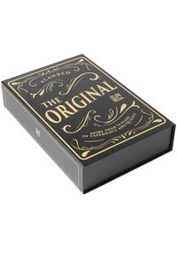 Zwarte verpakkingsdoos met gouden decoratieve tekst die "The Original" leest. Bevat ornate patronen en een elegant ontwerp. Stevige, rechthoekige vorm.