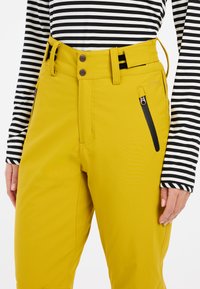 Geltonos slidinėjimo kelnės su lygiu paviršiumi, dviem priekinėm užtrauktukų kišenėm, reguliuojamu juosmeniu ir juodais akcentais, derinamos su juodai balta dryžuota viršutine dalimi.