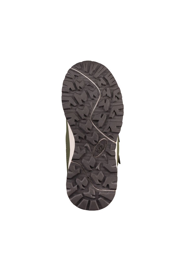 Sohle eines robusten Wanderschuhs mit tiefen Profilen und gemustertem Grip, entwickelt für Halt auf unebenem Gelände.