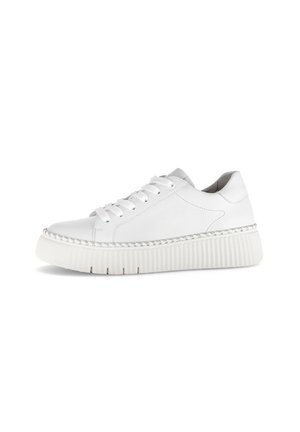 White low-top sneaker with thick ridged sole, white laces, and subtle stitching detail on side, isolated on white background.