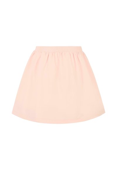 Gonna rosa corta con una ampia vita elastica, realizzata in tessuto leggero, caratterizzata da un design svasato e una superficie liscia e testurizzata.