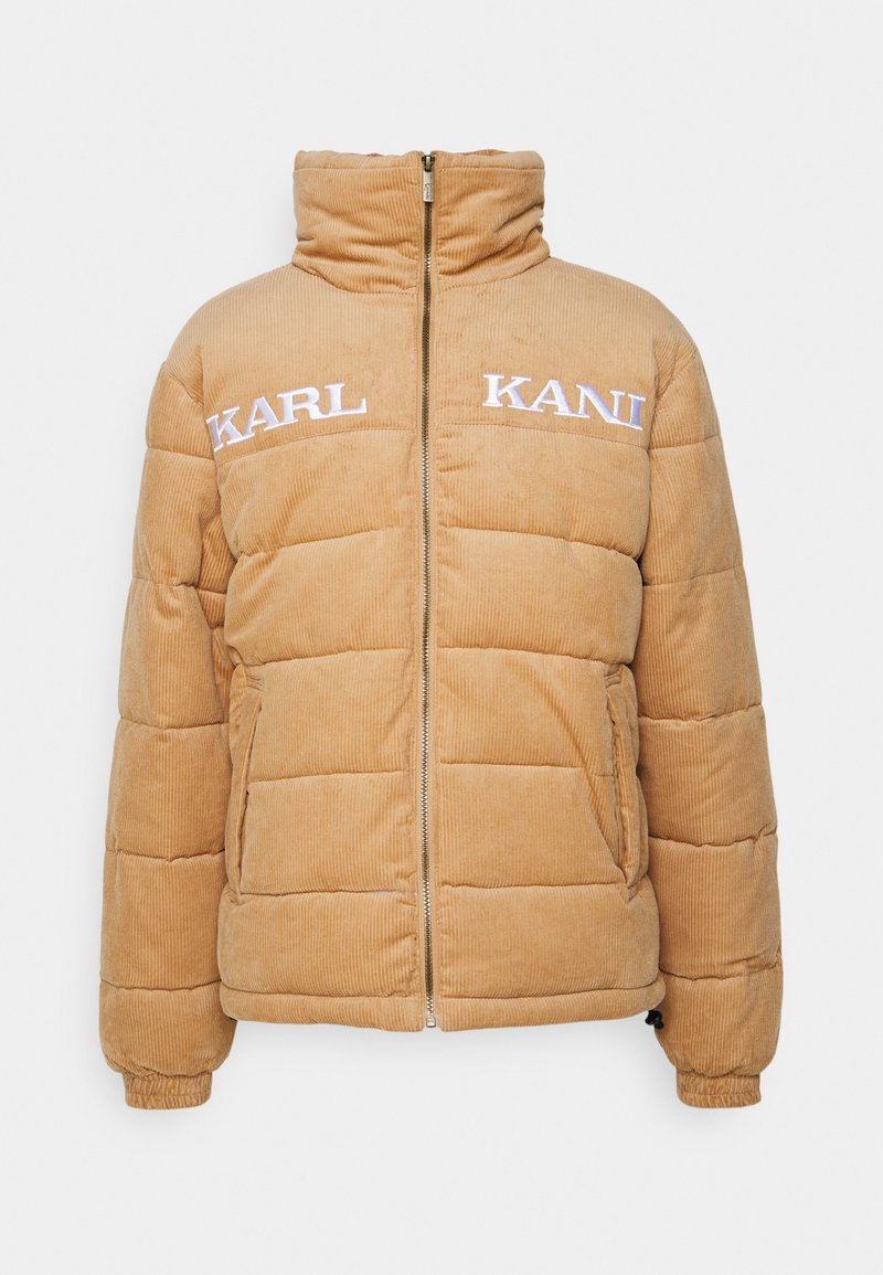Khaki puchowy kurtka z kordurowej tkaniny z wysokim kołnierzem, zapięciem na zamek, pikowanym wzorem i haftowanym logo "KARL" z przodu.