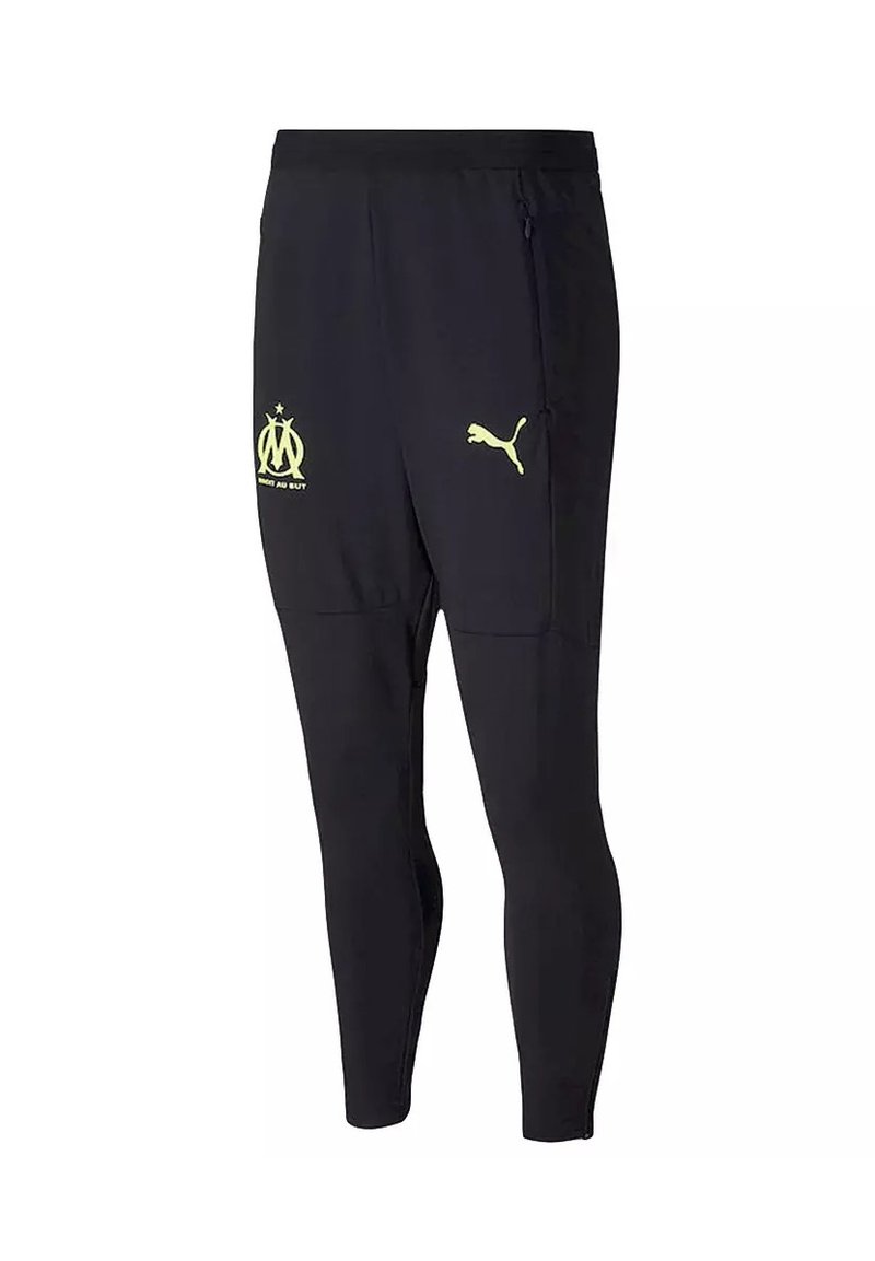 Pantaloni sportivi neri realizzati in materiale leggero, con un design aderente, loghi gialli di Marsiglia e Puma, e tasche laterali con zip.