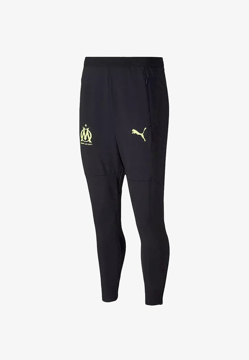 Pantalons de sport noirs en matériau léger, au design ajusté, avec logos jaunes de Marseille et Puma, dotés de poches latérales zippées.