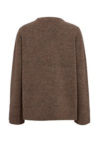 Pull marron en tricot à manches longues avec ourlet et poignets côtelés, vu de dos sur fond blanc.