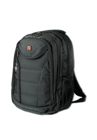 Sac à dos noir en tissu durable, doté de plusieurs compartiments zippés, de bretelles rembourrées et d'une poche latérale en maille pour les bouteilles d'eau.