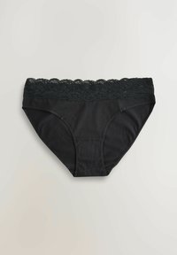 Crne pamučne gaćice s čipkastim detaljem na pojasu. Imaju glatku teksturu i klasičan dizajn gaćica.