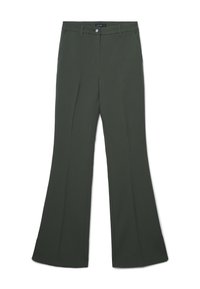 Dunkelgrüne, aus glattem Stoff gefertigte, ausgestellte Hosen mit einem Reißverschluss vorne, Knopfverschluss und ordentlich gebügelten Falten entlang der Beine.