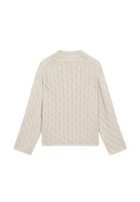 Pull en maille torsadée couleur crème avec manches longues, col rond et motif tressé texturé au dos.