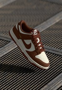 Nike Dunk-sneaker i brunt og kremfarget skinn, perforert tå, brun gummisåle, hvit Swoosh-logo, snøring, rund tå-design.