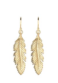 Goldene Ohrringe in Blattform mit filigranen Details und strukturierter Oberfläche, ausgestattet mit einem Hakenverschluss für sicheren Halt.