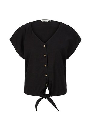 Czarna bluzka z krótkim rękawem, dekoltem w serek, guzikami z przodu i wiązaniem na supeł przy dole.