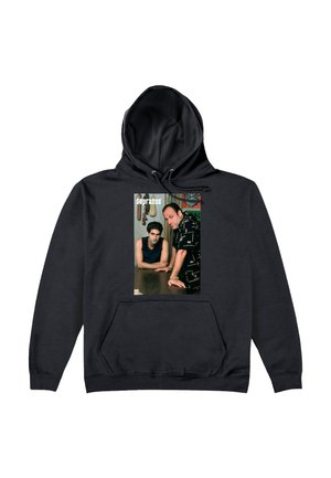 Zwarte hoodie met een fotoprint van twee mannen die op een tafel leunen, onder het woord "Sopranos".