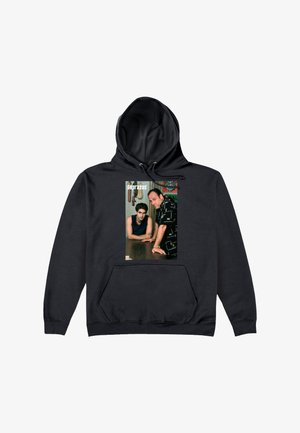 Zwarte hoodie met een fotoprint van twee mannen die op een tafel leunen, onder het woord "Sopranos".