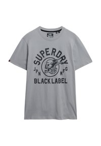 Grijs katoenen t-shirt met een opvallend zwart grafisch ontwerp van een schedel en vleugels. Korte mouwen en een ronde halslijn.
