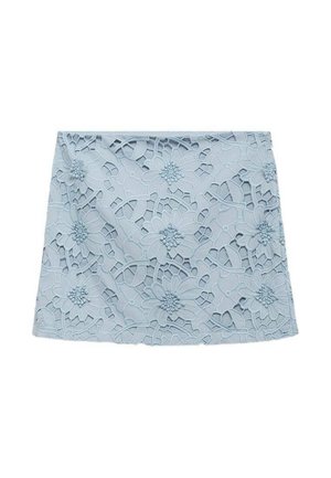Ljusblå spetsskjol med blommönster, utskärningsdesign och texturerade blommappliceringar, med rak fåll och figursydd passform.