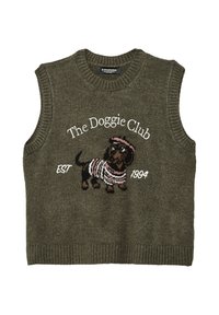 Ärmlös olivgrön stickad tröja med ribbad halsringning, prydd med broderad text "The Doggie Club" och en tax i randig outfit.
