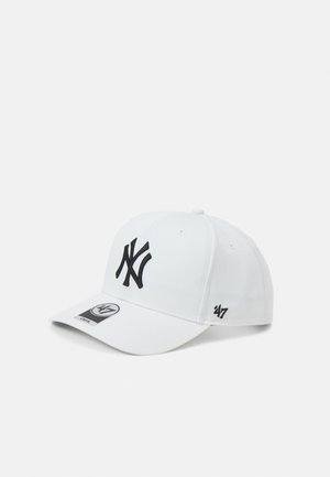 White baseball cap made of cotton, featuring a black embroidered NY logo on the front, curved brim, and a ’47 brand label on the side.