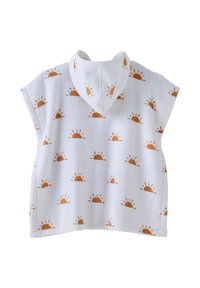 Hooded towel garment in white cotton with a terry texture. Features repeated sunburst patterns in warm orange tones. Short sleeves, knee-length cut.