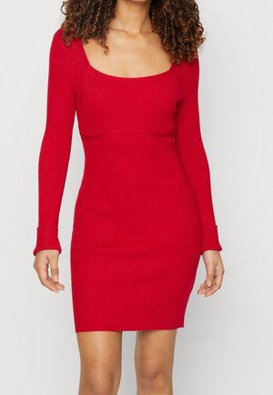 Red ribbed knit dress featuring a square neckline, long sleeves, and a fitted silhouette, showcasing a smooth texture without patterns.