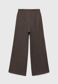 Zijde-brede broek gemaakt van zacht, donkerbruin materiaal met een elastische tailleband. Het ontwerp heeft een gladde textuur en een ontspannen pasvorm.