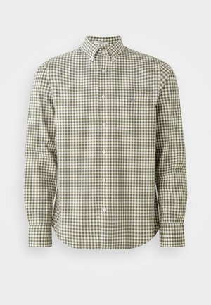 Camicia a maniche lunghe a quadretti verdi e bianchi con colletto button-down, dotata di una piccola tasca sul petto e bottoni bianchi.