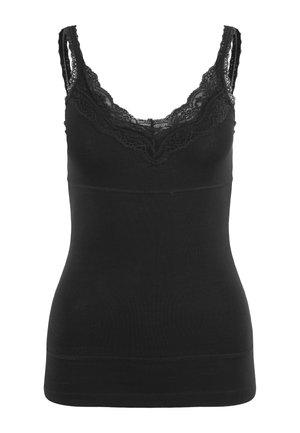 Black camisole made of soft fabric, featuring delicate lace trim around the neckline and adjustable straps, with a fitted silhouette.