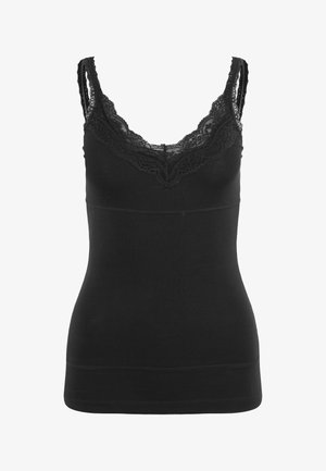 Schwarzes Trägertop aus weichem Stoff, mit zarter Spitzenverzierung am Ausschnitt und verstellbaren Trägern, in figurbetonter Silhouette.